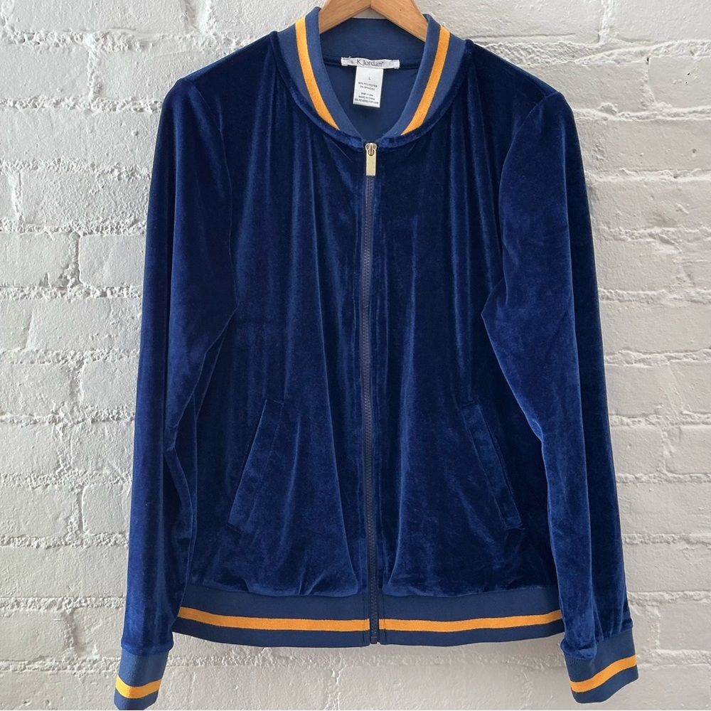 Vintage Velour Track Jacket Mens L Royal Blue Varsity Full Zip 90s Retro